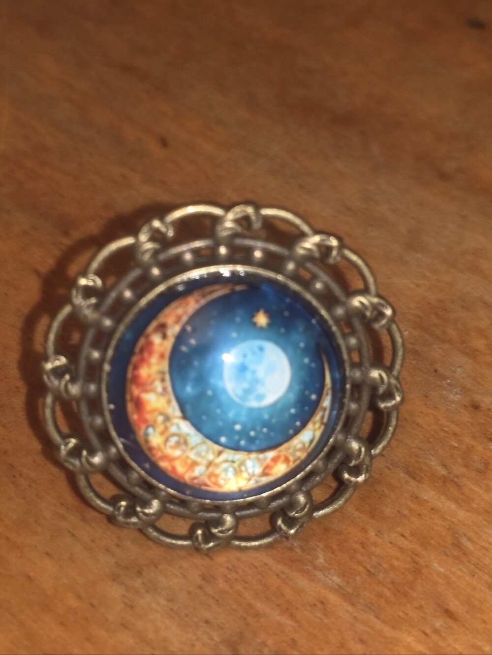 Sky Cabochon With Crescent Moon In Bronze Tone Bezel Frame, Adjustable Ring